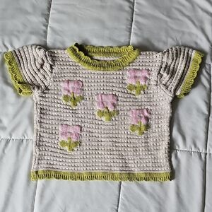 Pink Flower Knit Top with Green Trim (2-3T)